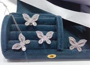 Butterfly Lab Diamant Smykker sæt Ægte 925 Sterling Sølv Part, vielsesringe, Øreringe og halskæder For Kvinder moissanite Smykker