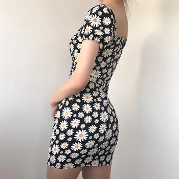 2020 Sommeren Lille Daisy Print Bodycon Mini Kjoler Kvinde Mode Plisserede Afslappet Ferie Kjole Dame Elegant Slank Kjole
