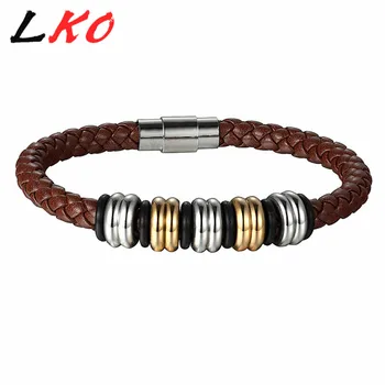 LKO Fashion Sort Dobbelt Lag Flettet Læder Armbånd til Mænd i Rustfrit Stål Armbånd Armbånd med Magnetisk Spænde