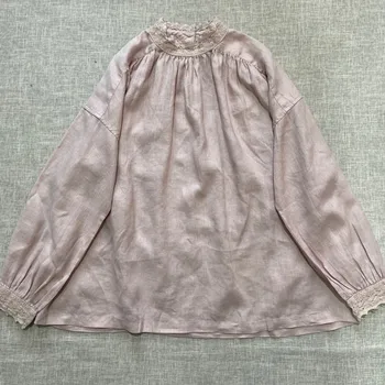 Johnature Spring Ny Japansk Linned Løs Patchwork Blonder Shirts 2021 Vintage Solid Farve Kvinder Bluser