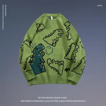Sweater Mænd Harajuku Mode Strikket Hip Hop Streetwear Dinosaur Tegnefilm Pullover O-hals Oversize Casual Par Mandlige Trøjer