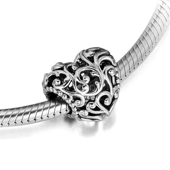 Mode Sterling Sølv 925 Smykker Regal Mønster Heart Perler Charms til Armbånd Kvinder Gennembrudt Charm Perler til smykkefremstilling