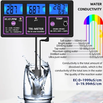 6 i 1 PH-Meter Skærm til Test af PH / Temperatur / EF / CF / RH / TDS Digital Vand Kvalitet, Multi-parameter Tester 30% off