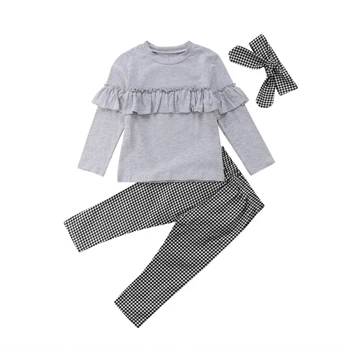 3 Stykker Pjusket langærmet T-shirt og Flæser Plaid Bukser med Hovedbøjle Sæt Til Toddler Pige Tøj