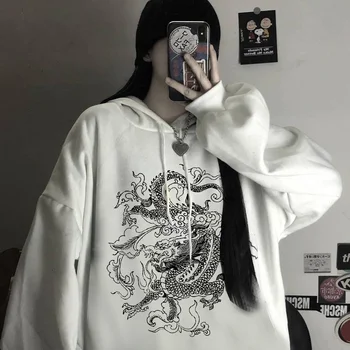 Streetwear Hoodie Kvinder Kinesiske Drage Print Sweatshirt Vinter Hætteklædte Oversize Tøj Kvinder Sweetshirt Harajuku Vintage-Hættetrøje