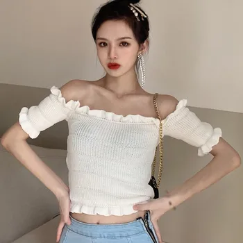 Kvinder er Sommer Tshirt Mode Blusas Roupa Feminina Nye koreanske Sexet Tube Top Solid Farve Slank Kort Eksponering Strikket T-shirt