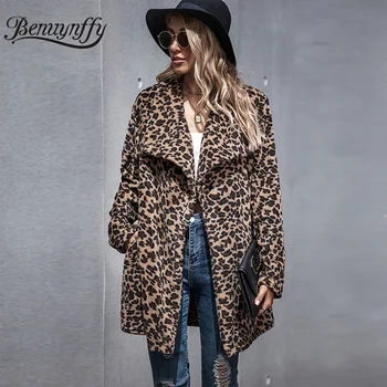 Benuynffy Efterår og vinter Leopard Print Faux Fur Frakke Kvinder M Lange Varme Plys Bamse Pels Kvindelige Casual Lommer Overfrakke Frakker