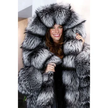FURSARCAR 2020 Nye, Luksuriøse Real Naturlige Silver Fox Fur Coat Kvinder Vinteren Ægte Pels Overtøj Plus Size 130cm Lang Pels Jakke