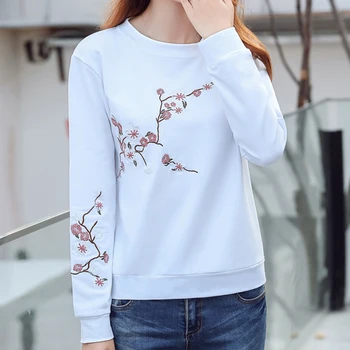 Nye Kvinder Falder 2019 Koreanske Pullover Med Lange Ærmer Blomster Broderi Sweatshirt Kvinde Tøj Plus Size Sudadera Mujer Sved Femme