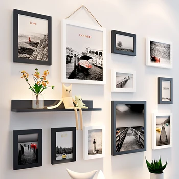 Simple træ-foto-væg, ramme mm 11pcs billedrammer+Hylde parlor baggrund Indretning billede ramme sæt familie hængende foto Album