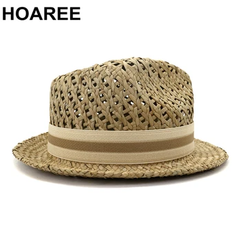 HOAREE Mænd Kvinder Halm solhat Britisk Stil Trilby Hat Sommer Strand håndstrik Hule Ud Casual Unisex Porkpie Jazz Hat