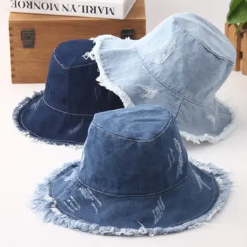 Ny Mode Kvinder Casual Fiskeren Hat Vintage Bomuld Vasket Denim Girl Rippet Bucket Hat Cap Gorros