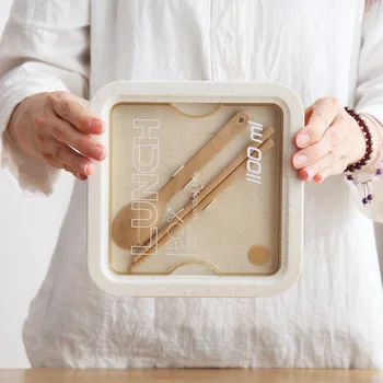 Frokost Boks For Hvede Halm Japansk Stil Beholderen Fugebånd Ske Spisepinde Mikrobølgeovn-Style Lunch Box