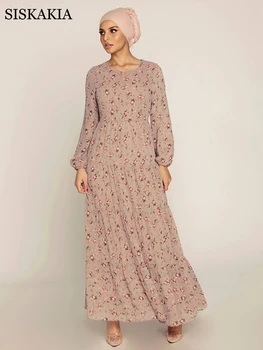 Siskakia Chiffon Maxi Kjole til Kvinder 2021 Foråret Elegante Etniske Blomster O-Hals Lange Ærmer Muslimske Tyrkiet Oman arabisk Tøj Nyt