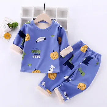 Ny 2020-Kids Drenge Tykkere Pyjamas Sæt Tegnefilm O-Neck T-Shirt, Toppe med Bukser til Baby Piger Efterår Vinter Varm Sovende Tøj