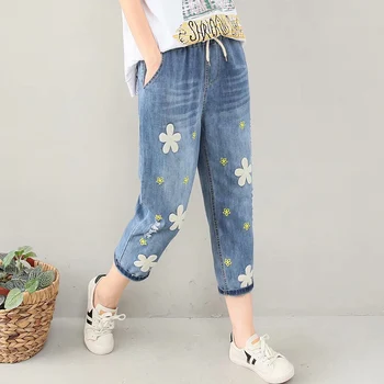 Japansk Mori Girl Sødt Blomster Broderi Demin Bukser Kvinder Vintage Elastisk Talje Hul Kvindelige Vestido Kalv-Længde Jeans U208
