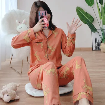 Japansk stil damer, bomuld, passer leopard print langærmet pyjamas bukser, der passer forår, efterår, vinter home service kvinder
