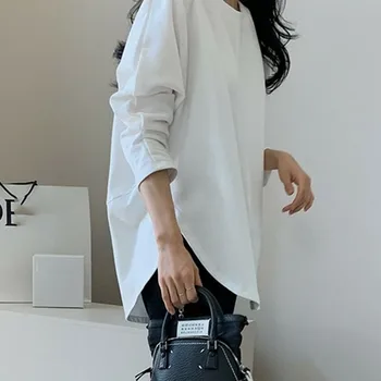 Koreansk Japansk Hvid T-Shirt Kvinder 2020 Fashion Forår Ensfarvet Langærmet O-Neck T-Shirt I Loose Elegant Top Ropa Mujer