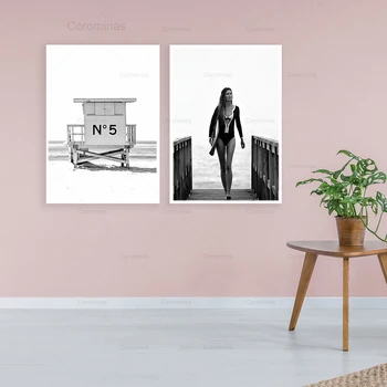 Cuadros Mode Surf Kvinde Plakater Plakat På Lærred Maleri Sort Hvid Væg Kunst, Billeder, Stue Dekoration