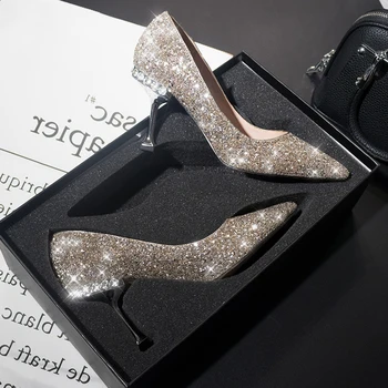 Crystal sequined bryllup sko, høj stilethæl hæl spidse brude sko sølv brudepige kjole sko perle hæl