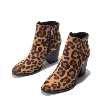 JIANBUDAN Nye Sexede Kvinder Leopard Støvler Flok Læder Spidse Tå Høje hæl Ankel støvler Side lynlås Efteråret kvinders støvler 36-43