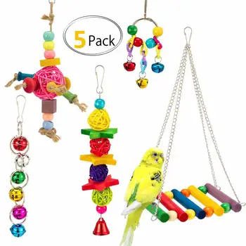 Parrot Fugl Hængende Tygge Legetøj Sæt Rattan Bold Bid Swing Bell Træ-Hængekøje til Parakitter Finker Lovebirds Pet Tilbehør