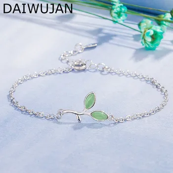 DAIWUJAN koreanske Ins 925 Sølv Armbånd Kvindelige Små Friske Grønne Cat Eye Blad Enkelt Kæde Armbånd Til Kvinder Bryllup Smykker