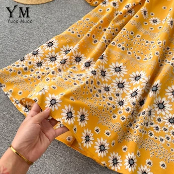 YuooMuoo Ins Mode Blomst Print Midi Kjole Nye 2020 Efteråret Elegante Bandage Kvinder Kjole Slim Høj Talje Ferie Damer Kjoler