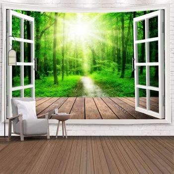3D-Vinduet Grønne Træ Mosaik Væg Hængende Sollys Væggen Klud Gobeliner Hippie Indretning Væg Tæppe Psykedelisk Gobelin