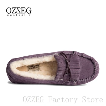 OZZEG Luksus Brand Designer Sko Kvinder Vinteren Ægte Læder Flats Australien Får Pels Foring Loafers Damer Fodtøj Frynser