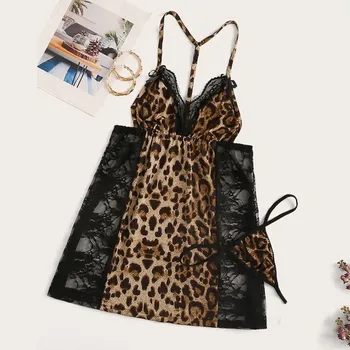 Sexet Kvinder Bh-Sæt Leopard Lace Nightdress Med Leopard G-Streng Backless Sexet Undertøj, Nattøj Undertøj Wire Gratis Mujer