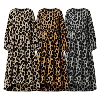 Kvinder med Lange Ærmer Kjole Vintage Leopard Trykt Kjoler VONDA 2021 Afslappet O Neck langærmet Kjole Boheme Vestidos Femme