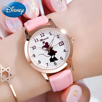 Minnie Mouse Pink Ladies Fashion Afslappet Kalender Læder Kvinder Watch Luksus Trendy Vandtæt Luminouse Hånd Disney Mickey Ur