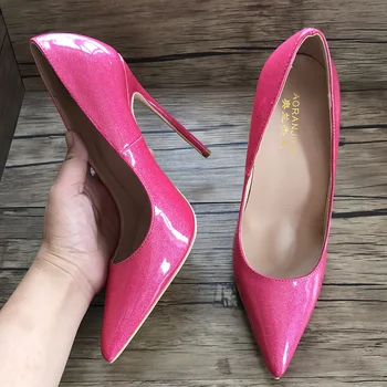 Gratis forsendelse real pic hot glitter fersken patent virkelige ægte læder søde kvinder, dame, pige-høj hæl sko pumpe lille stor størrelse