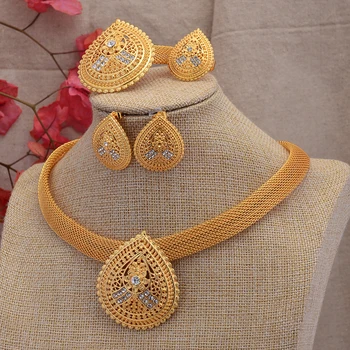 Nigeria Dubai Guld Smykker Sæt Brude Halskæde/Øreringe/Ringe/Armbånd Fashion Bryllup Smykker Nigerianske Smykker Sæt til Kvinder
