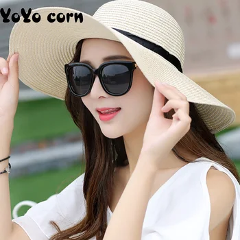 YOYOCORN Sommeren Strå Hat Kvinder Store Wide Brim Strand Hat solhat Sammenklappelig solcreme UV-Beskyttelse Panama Hat