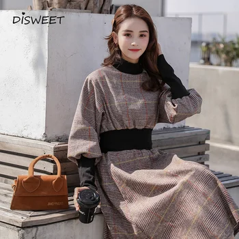 2019 koreanske Version af Efteråret og Vinteren Lang Ternet Kjole Vintage Høj Hals med Høj Talje Slank Lange Ærmer Mode-A-word Robe