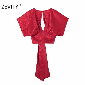 ZEVITY Nye kvinder sexy deep v hals jacquard kort kittel bluse shirt kvinder tilbage split hem sløjfe bundet roupas smarte kimono toppe LS7187