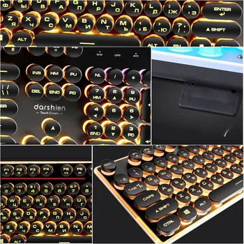 Steampunk Retro Gaming Tastatur russisk/engelsk Layout Runde Keycap Baggrundsbelyst USB-Kablet Glødende Metal Panel Crystal Grænsen