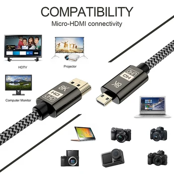8K 60Hz HDMI 2.1 Kabel-Micro HDMI til HDMI Adapter, Guld Belagte han-han-video-Kabel Ethernet-for SLR Kamera HDTV TV, Telefon, Tablet