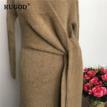 RUGOD 2019 koreanske Belted Lang Sweater Dress Kvinder Elegant Blød Strikket Kjole Kvindelige Fashion vinter overdimensionerede Tyk kjole