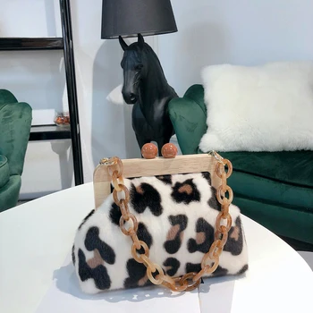 Akryl, Træ-Klip Kvinder Håndtasker Designer Smart Leopard Print Aften Skulder Taske Damer Skind Clutch Pung Part Høj Kvalitet