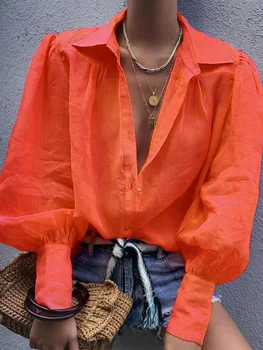 Kvinder Bluser 2019 Efteråret Kontor Dame Farverige Skjorter Lanterne Ærme Knapper Pink Hvid Blå Orange Bluse Sexet Plus Size Toppe