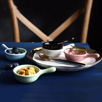 Kreativ Keramik Med Håndtag Krydderier Lille Rund Skål Japansk Stil Salat Dressing Cauce Sauce Tomat, Chili, Eddike, Soja Plade