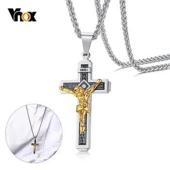 Vnox Gotiske Jesus Kors Vedhæng Til Mænd Halskæde i Rustfrit Stål Krucifiks Herrens Bøn Religion Smykker med Hvede Kæde