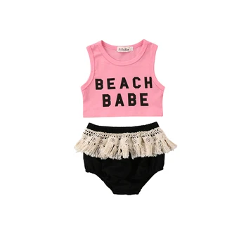 Cute Fashion sommerfest Sæt 2STK Baby Buksetrold Piger Pullover uden Ærmer O-Hals Brev Pink Vest Toppe Kvast Sort Kort