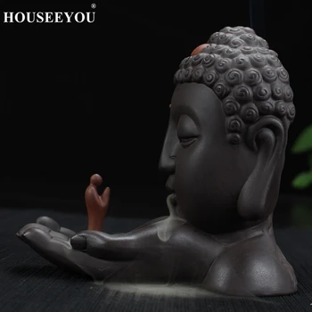 HOUSEEYOU Tilbagestrømning Røgelse Brænder Keramiske Buddha Røgelse Indehaveren Aromaterapi Home Decor Buddhistiske Pande + 20Pcs Røgelse Kegler