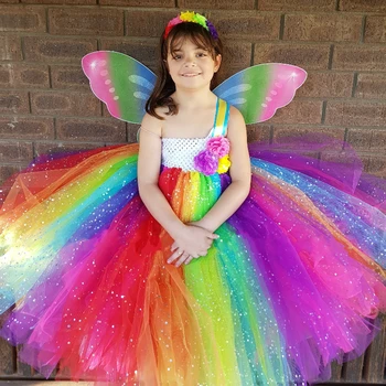 Rainbow Piger Glitter Tutu Kjole Børn Sparkle Tyl Kjole Flower Bolden Kjole med Sommerfugl Fløj Børn Kostume Party Kjoler