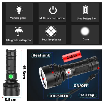 XHP70 Super Kraftig LED Lommelygte L2 Taktisk Lommelygte USB-Genopladelige 26650 Vandtæt Lampe Ultra Lyse Camping Lanterne