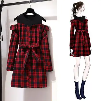 Foråret Falder koreansk Stil Sød Rød Ternet Skjorte Kjole med Lange Ærmer med Bælte Mini Kjole A-line Polyester Fuld Over Knæ, Mini